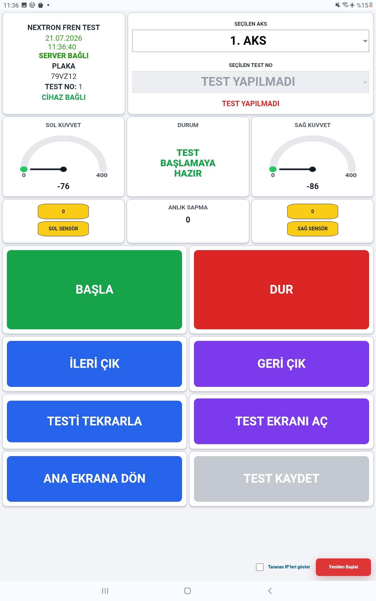 Android tablet fren test ekranı